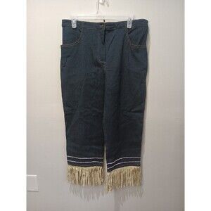 Taiga Dark Blue Denim Capri Faux Pearls Suede Fringe & Inside Band Women Size 12